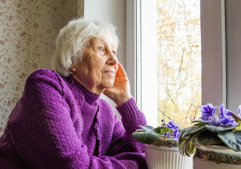 An older woman sits on a sofa in a living room and stares out an open window next to a potted plant.
